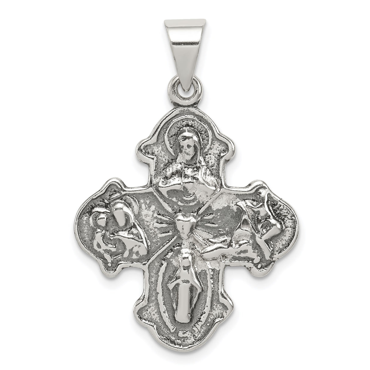 Sterling Silver Four-Way Cross Pendant with Jesus, Virgin Mary, and Saints, Catholic Religious Medal