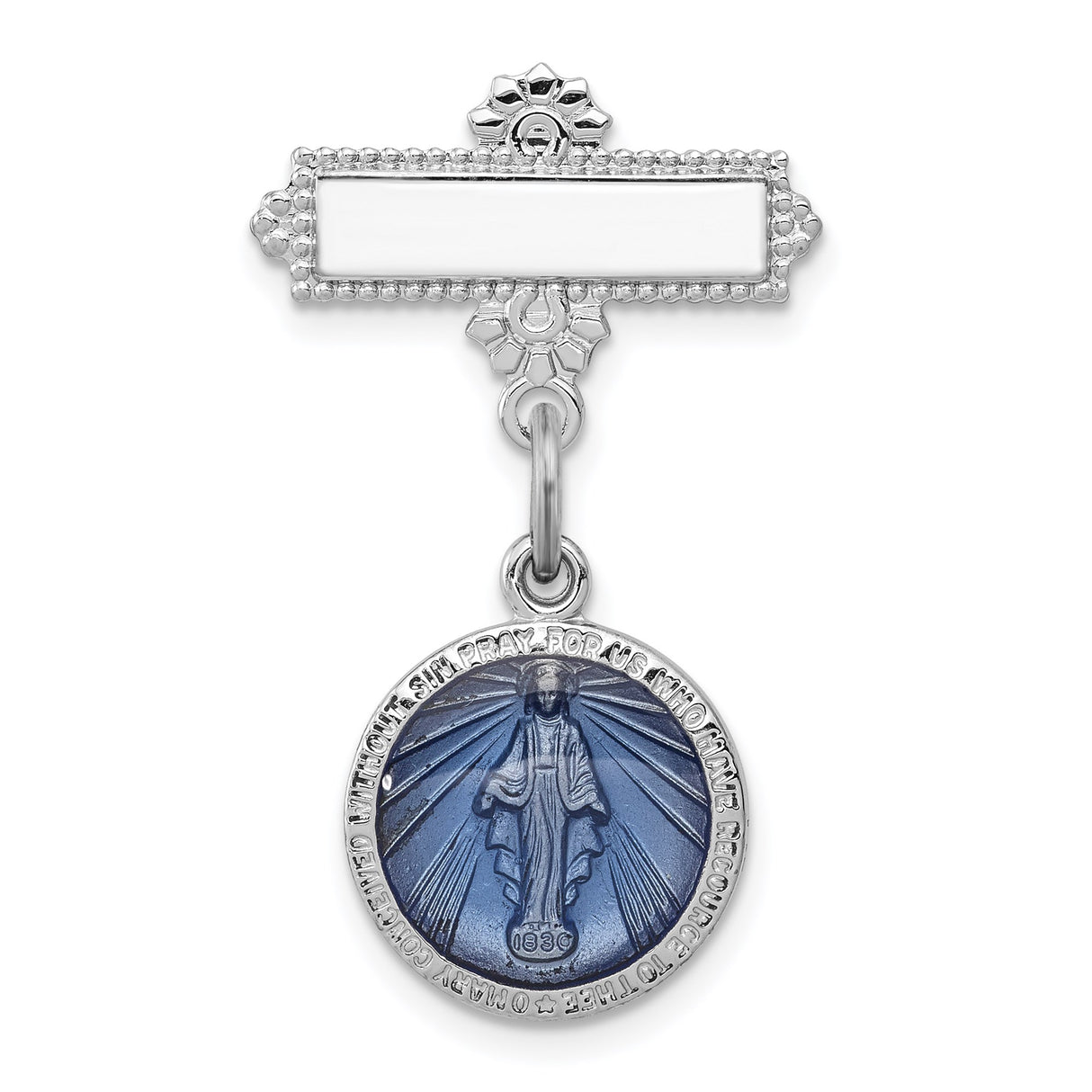 Enameled Miraculous Medal Pin Charm Pendant in Real 925 Sterling Silver