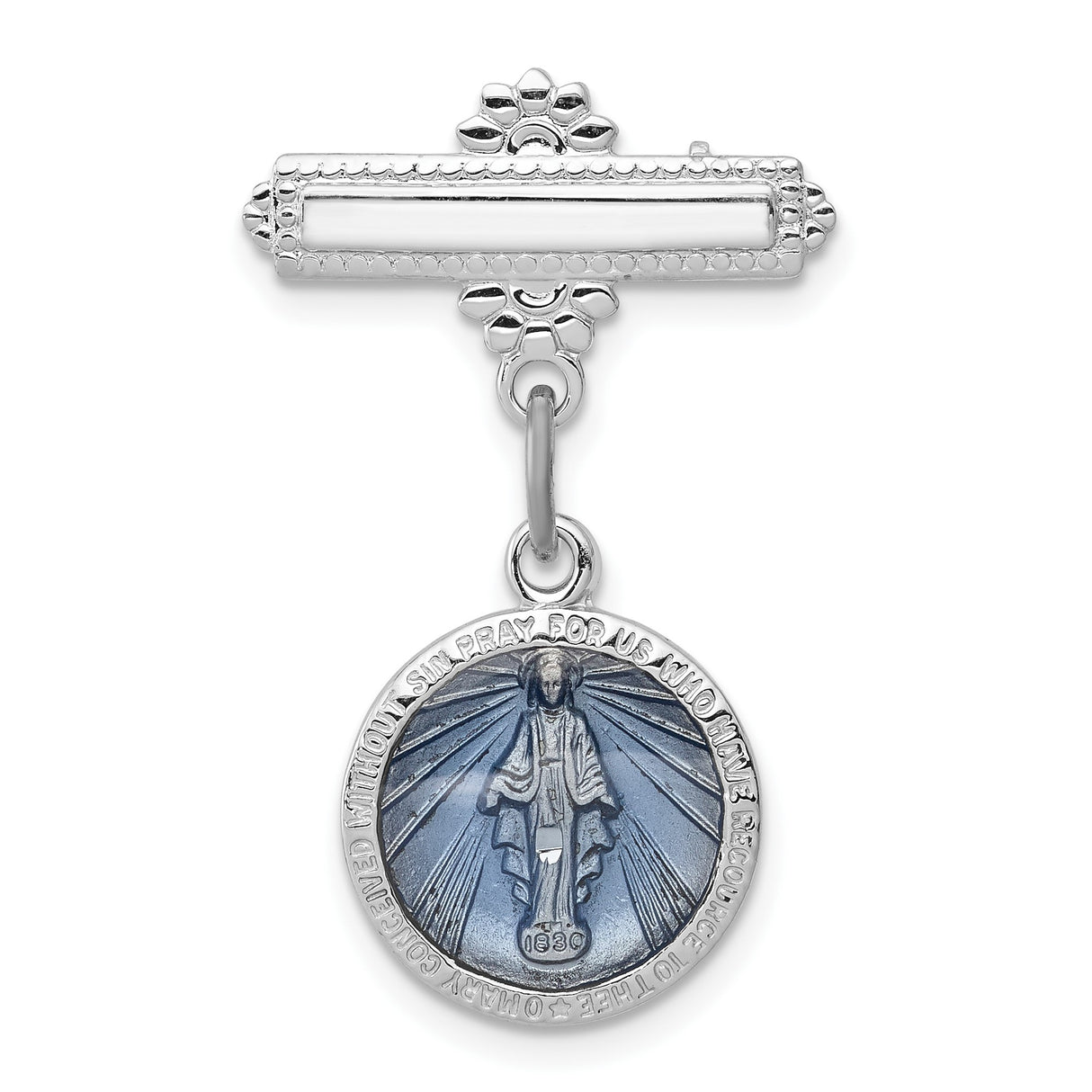 Enameled Miraculous Medal Pin Charm Pendant in Real 925 Sterling Silver