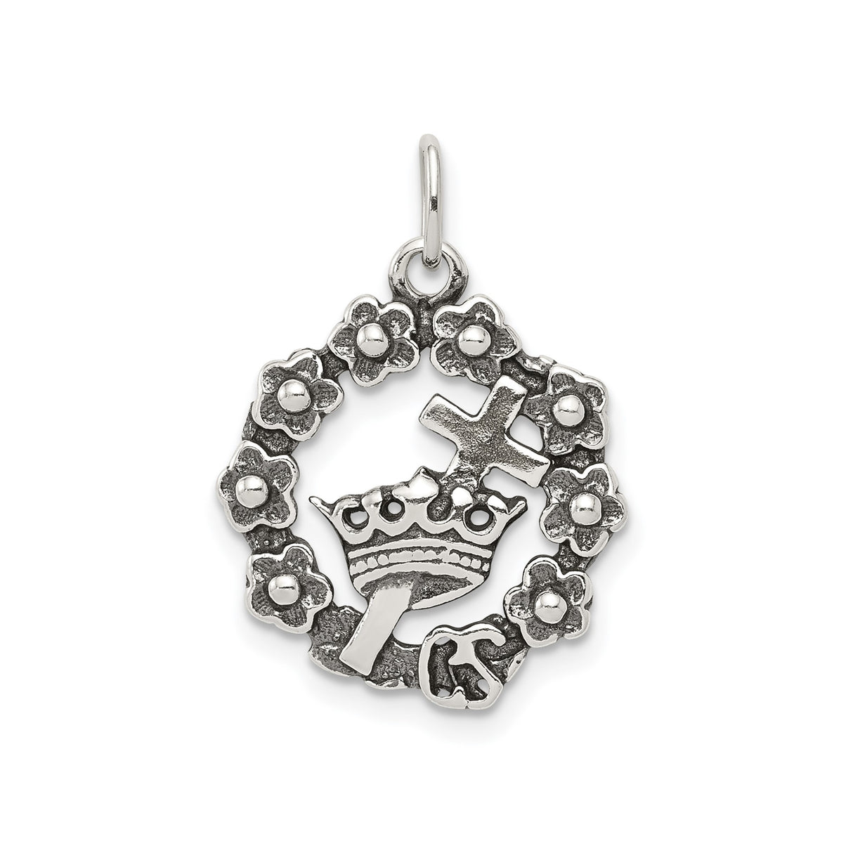 Sterling Silver Cross Pendant with Vintage Floral Detail, Oxidized Christian Style