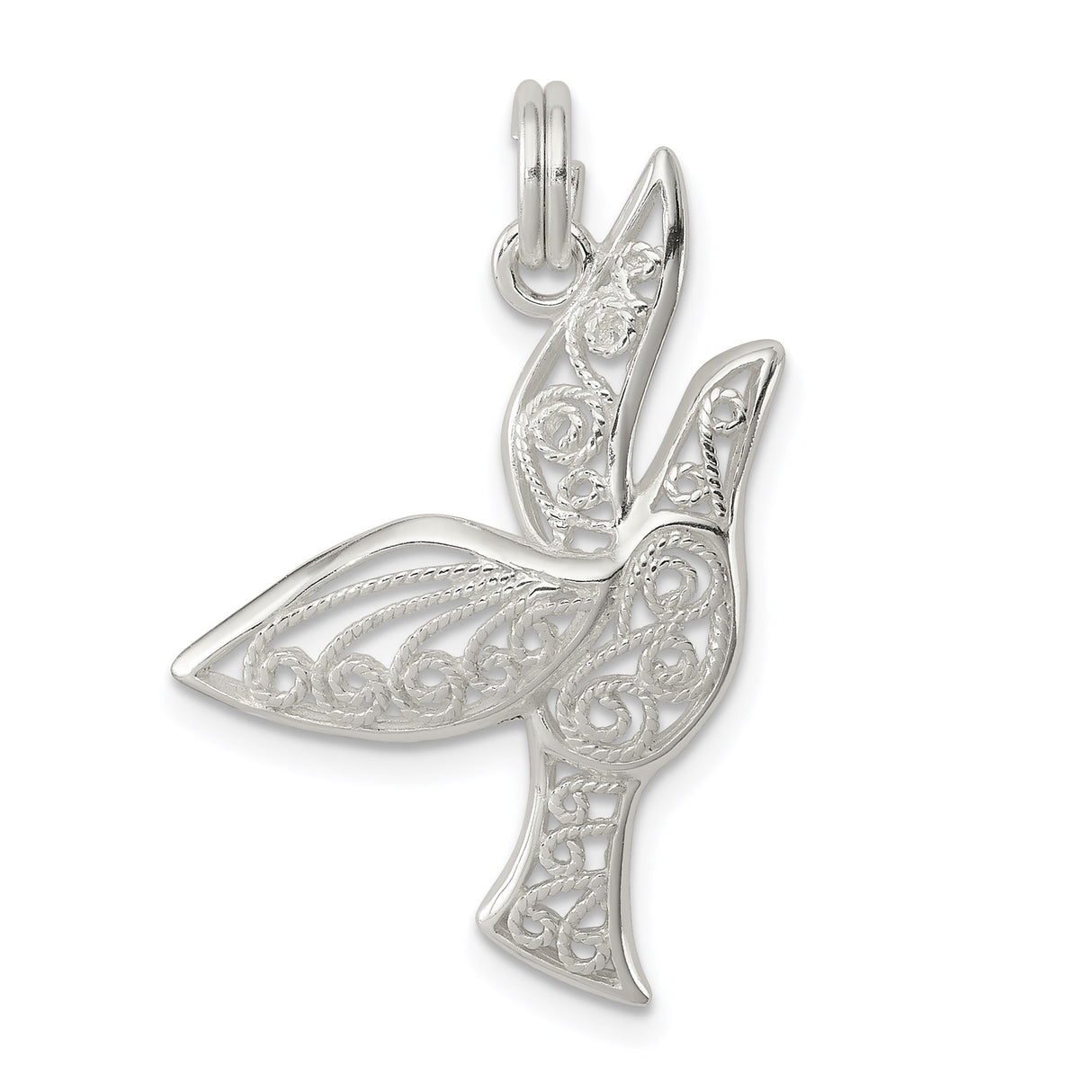 Sterling Silver Dove Pendant with Filigree Scrollwork Design, Christian Faith Jewelry