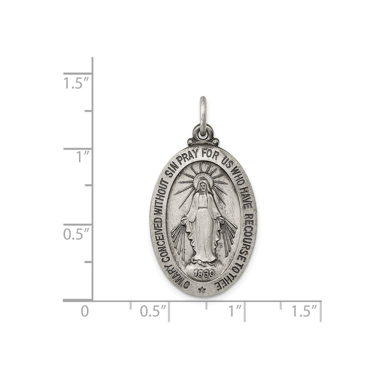 Sterling Silver Miraculous Medal Pendant, Virgin Mary with O Mary Conceived Prayer, Catholic Jewelry