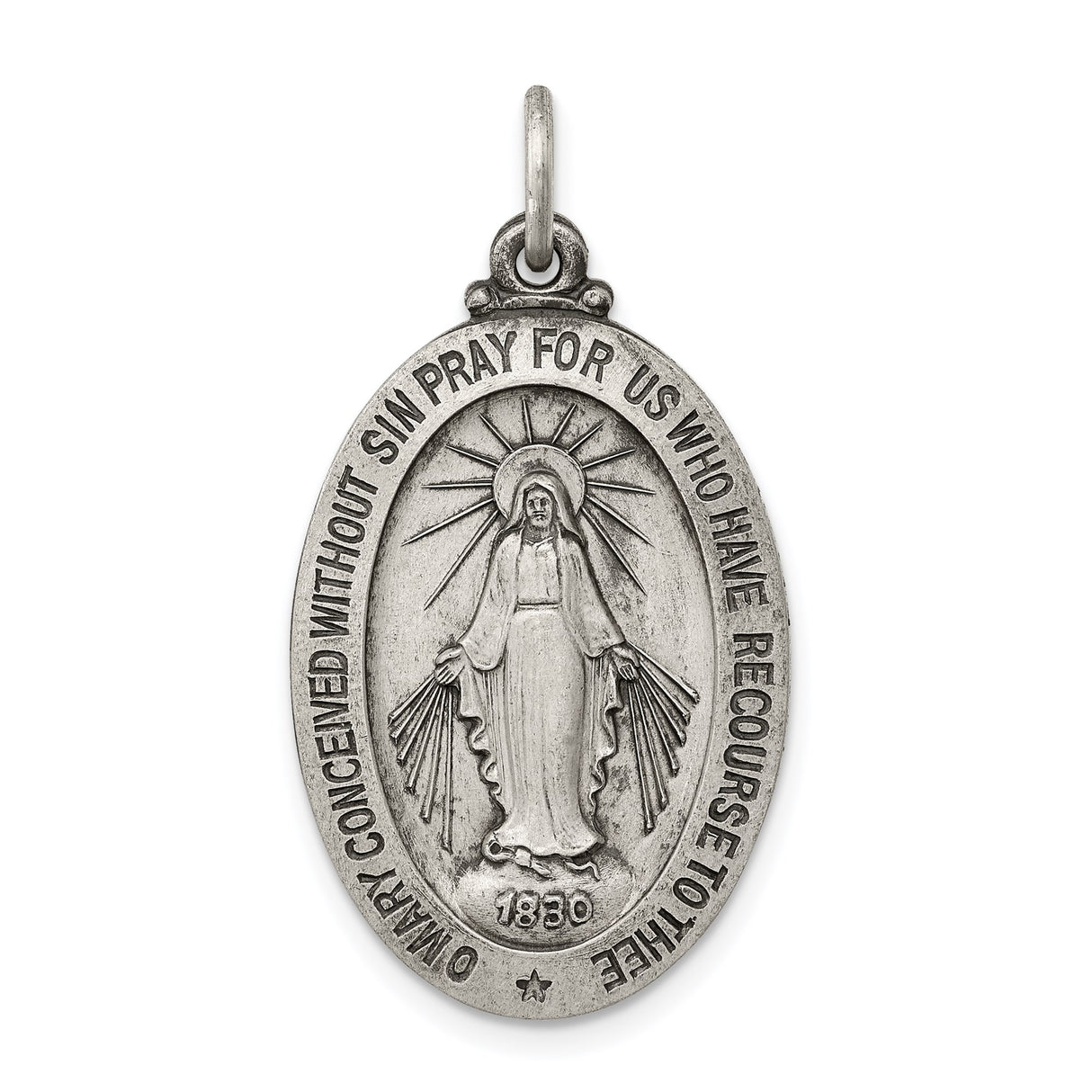 Sterling Silver Miraculous Medal Pendant, Virgin Mary with O Mary Conceived Prayer, Catholic Jewelry