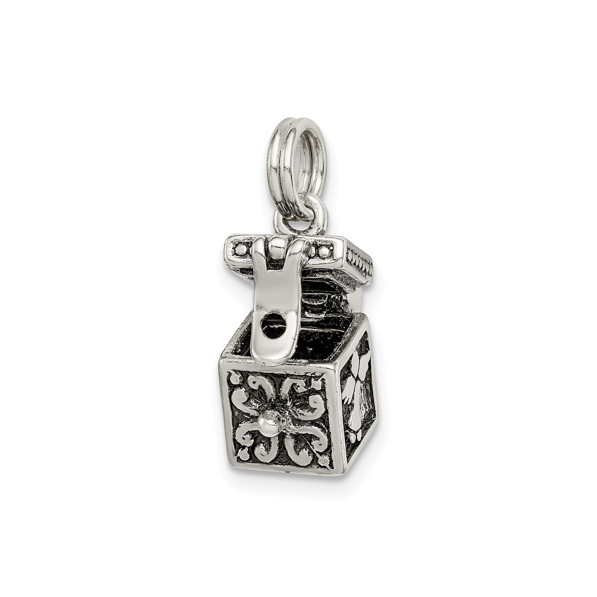 Sterling Silver Prayer Box Pendant with Ornate Scrollwork, Hinged Locket Charm