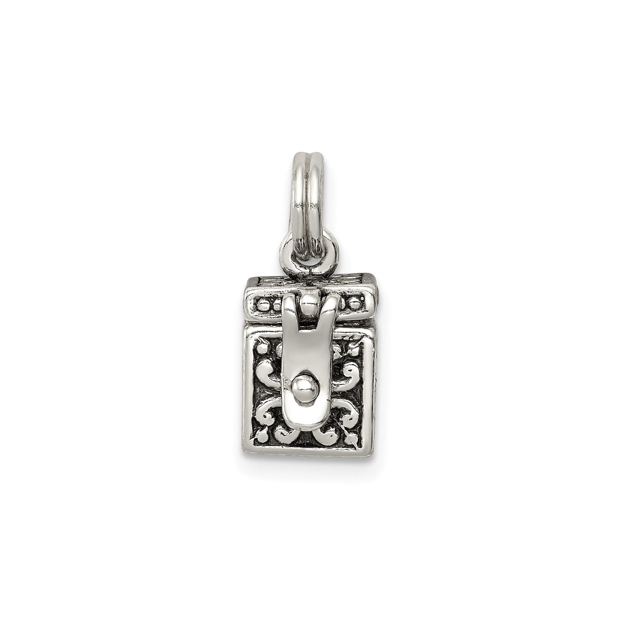 Sterling Silver Prayer Box Pendant with Ornate Scrollwork, Hinged Locket Charm