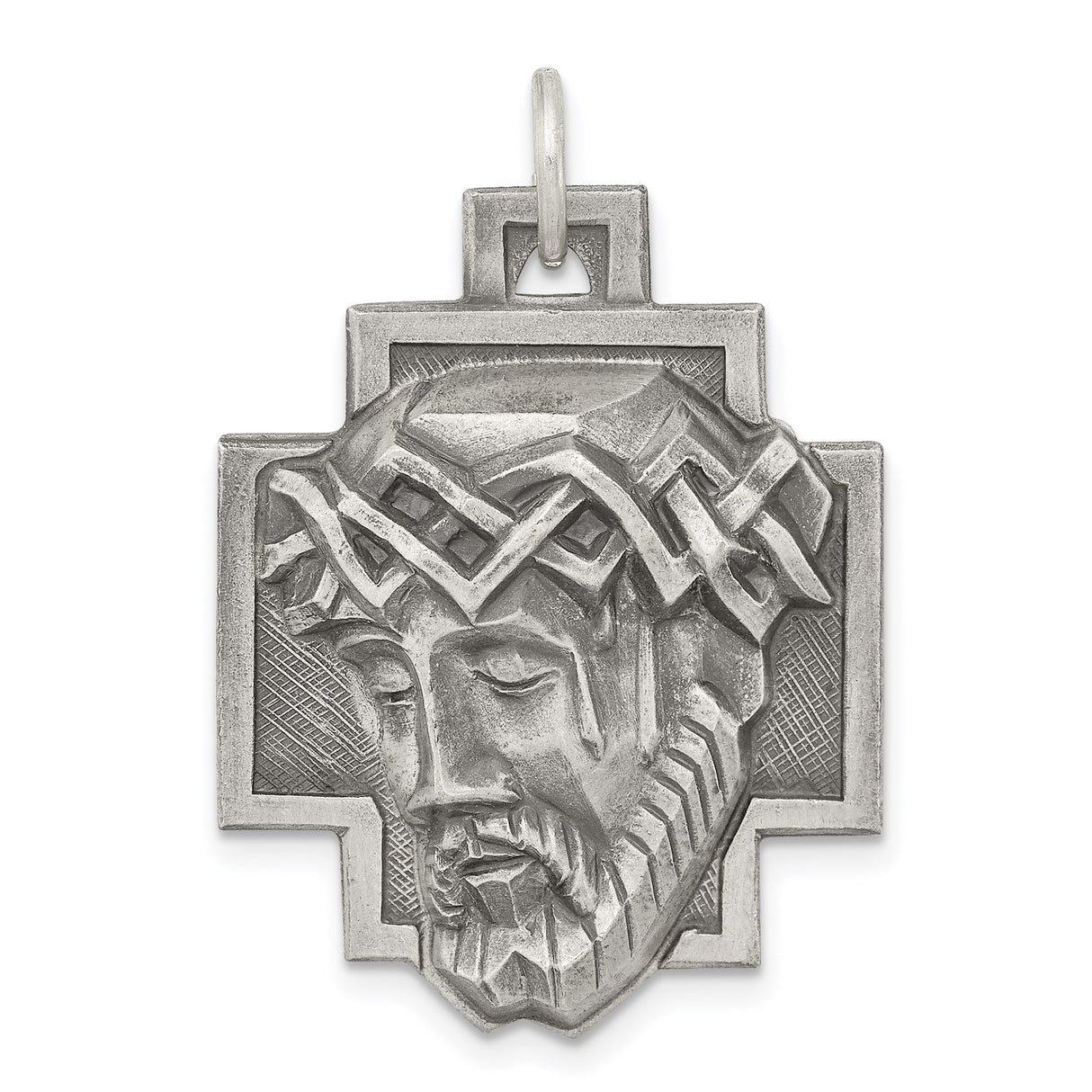 Sterling Silver Jesus Christ Cross Pendant with Sculpted Face and Crown of Thorns