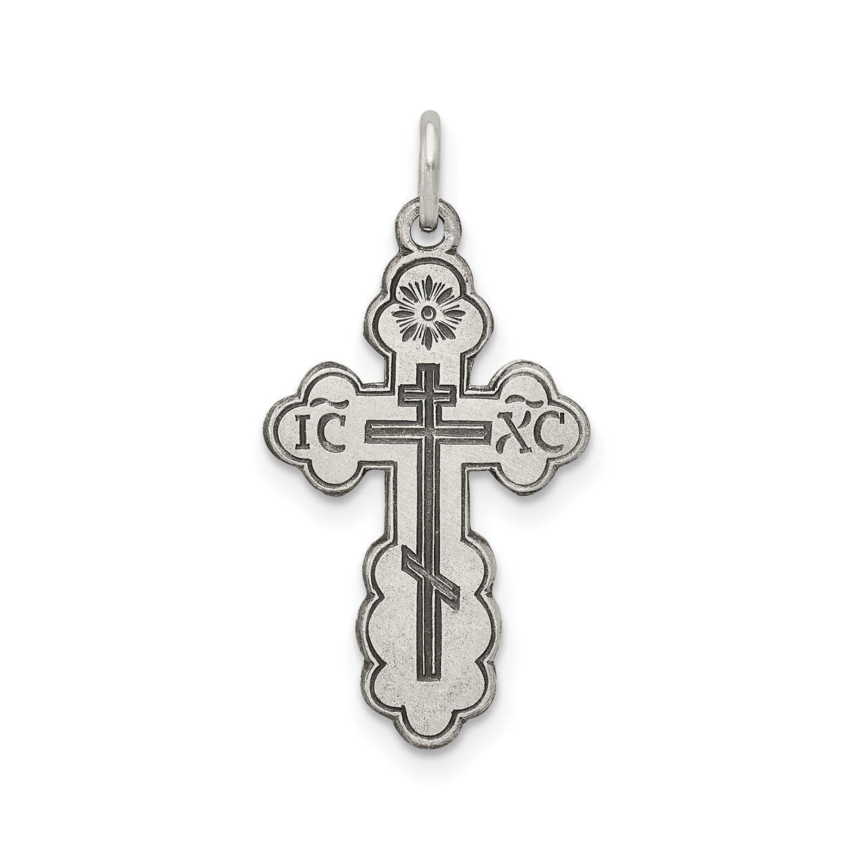 Sterling Silver Orthodox Cross Pendant with Matte Finish and Rosette Design