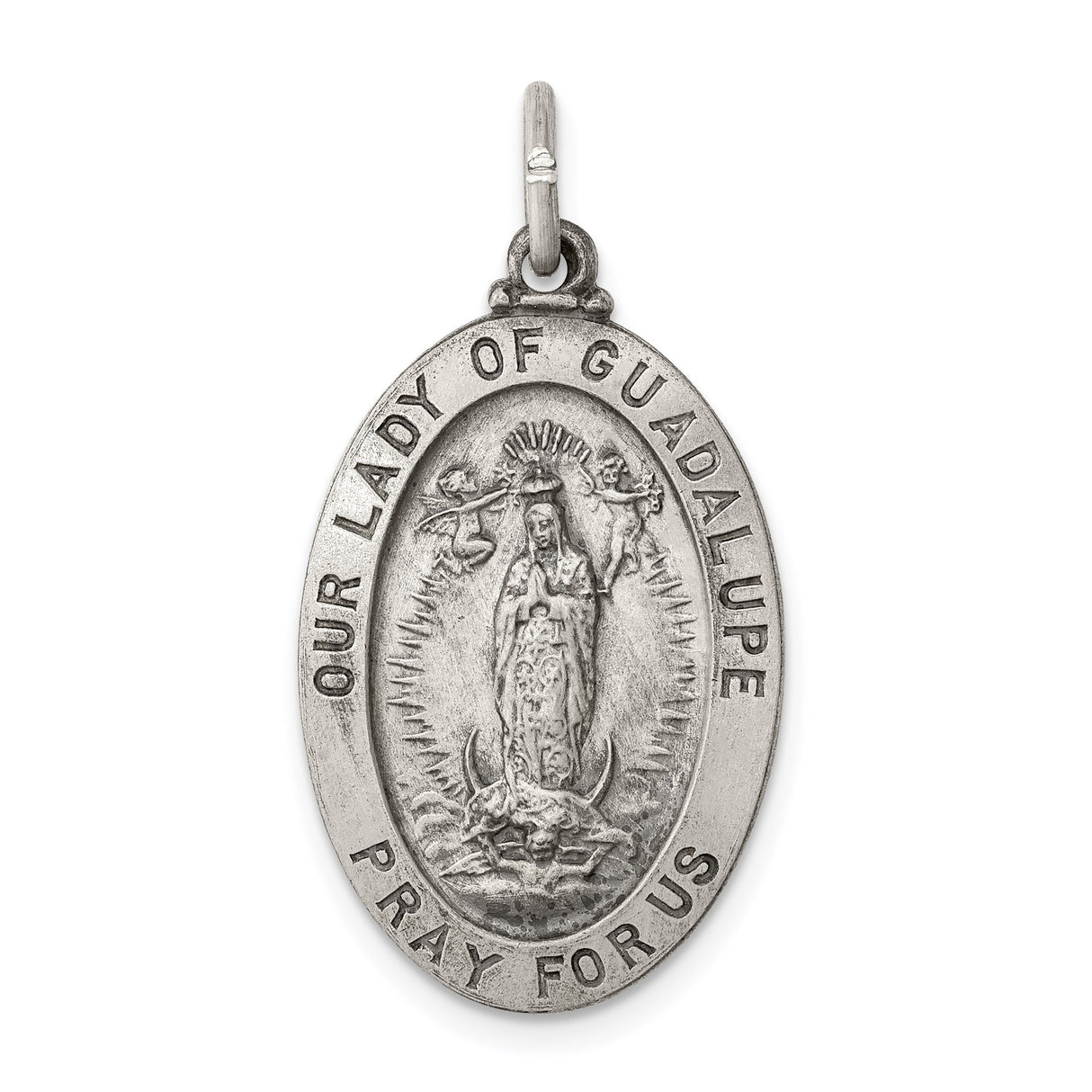 Sterling Silver Our Lady of Guadalupe Oval Pendant Medal, Pray for Us Inscription