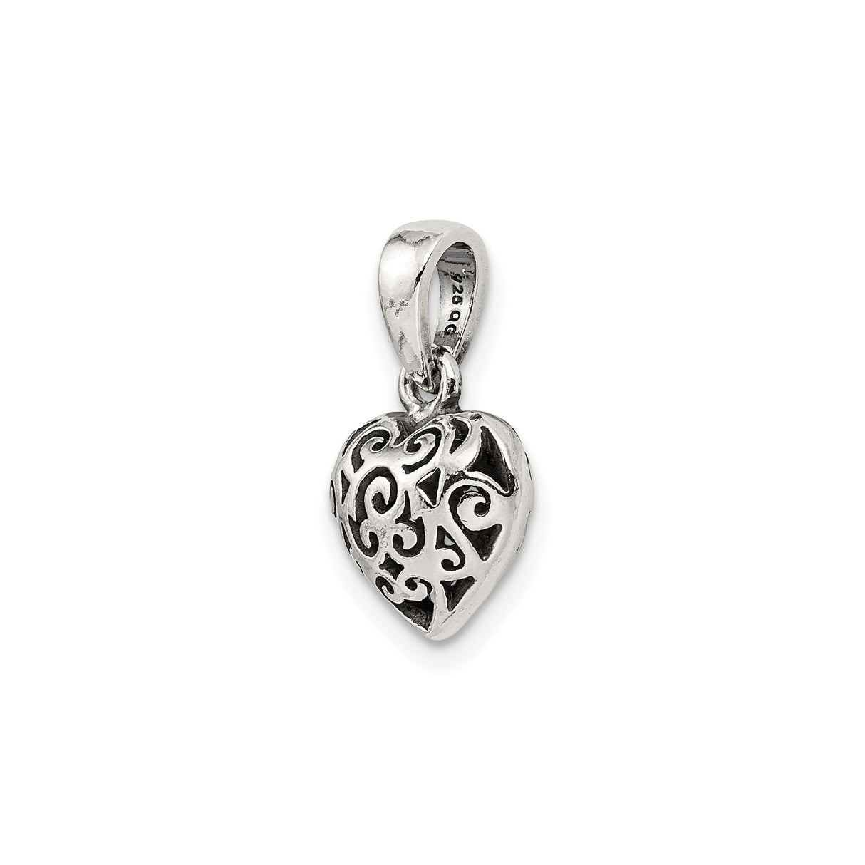 Sterling Silver Heart Pendant with Filigree Scroll Design, Romantic Openwork Charm