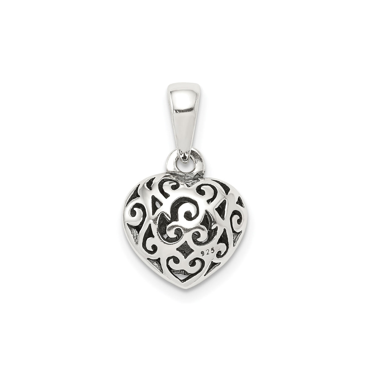 Sterling Silver Heart Pendant with Filigree Scroll Design, Romantic Openwork Charm