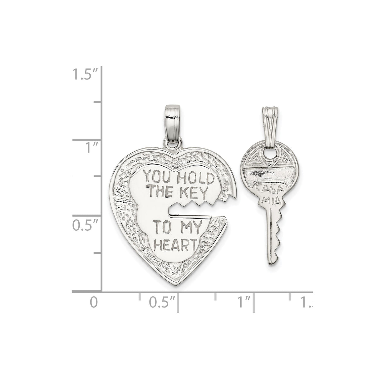 Sterling Silver Heart and Key Pendant Set, Romantic Cutout Design for Women