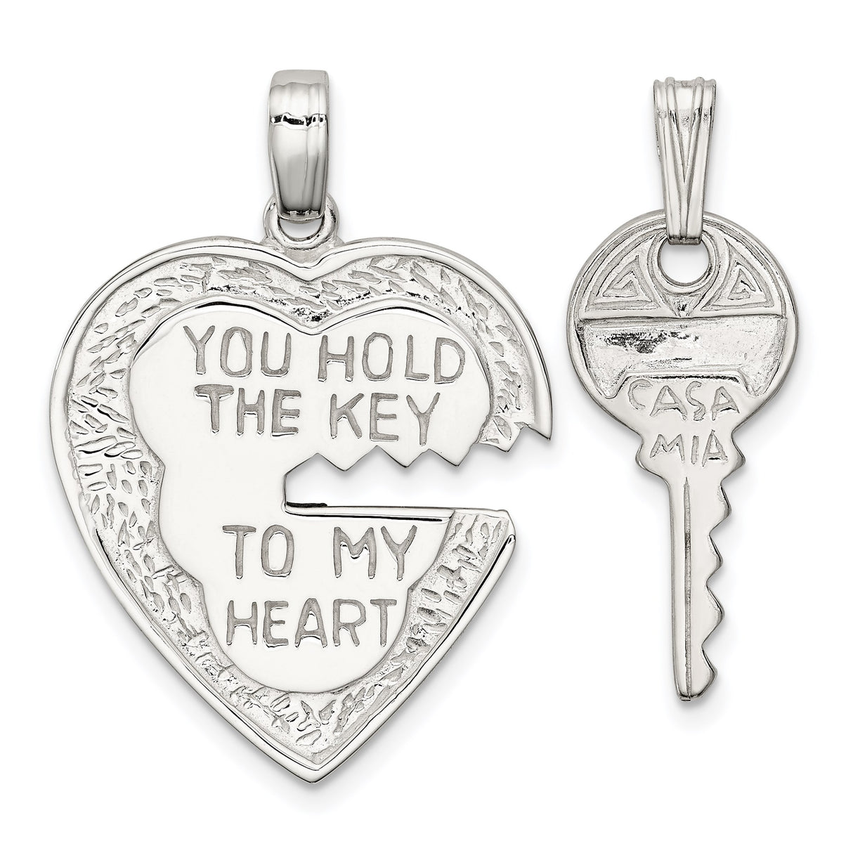 Sterling Silver Heart and Key Pendant Set, Romantic Cutout Design for Women