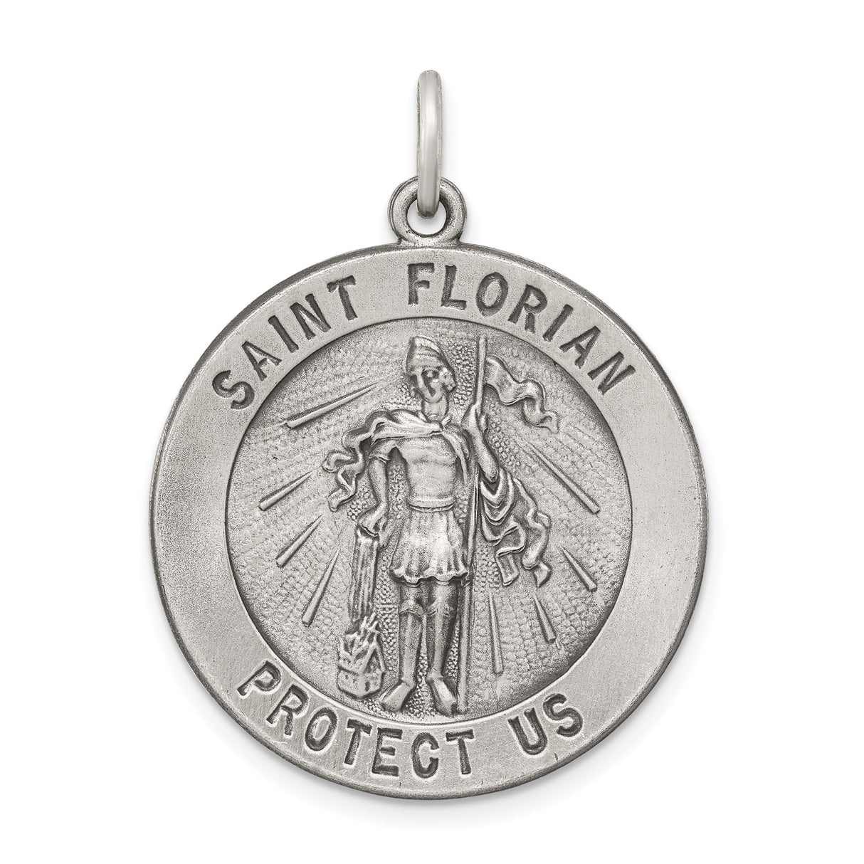 Sterling Silver Saint Florian Medal Pendant with Protect Us Inscription