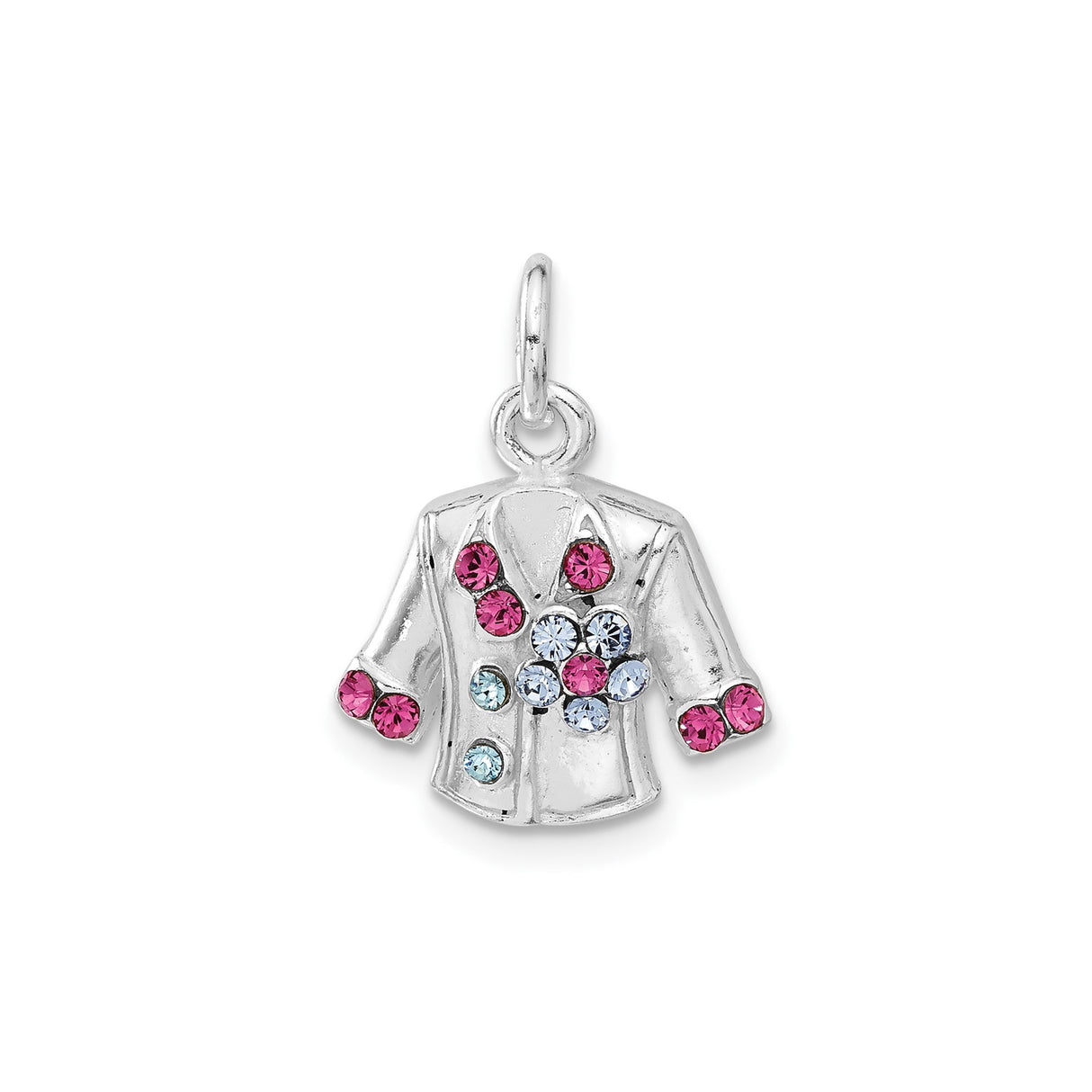 Sterling Silver Jacket Charm Pendant with Pink, Blue, and Clear Crystal Accents