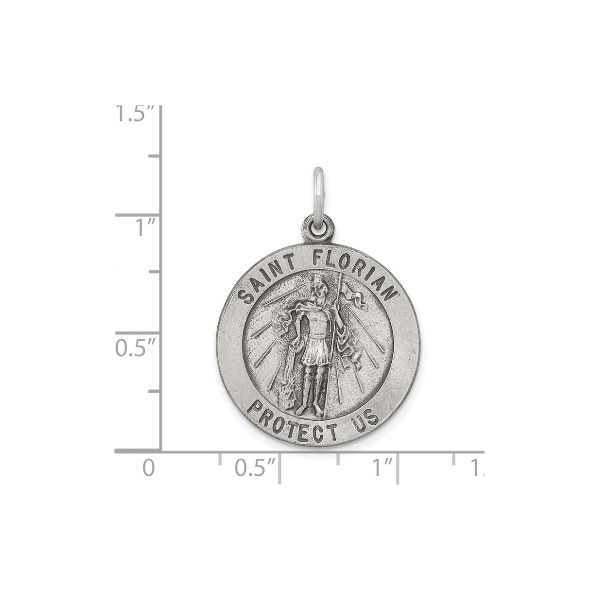 Sterling Silver Saint Florian Medal Pendant with Raised Depiction and Protect Us Text