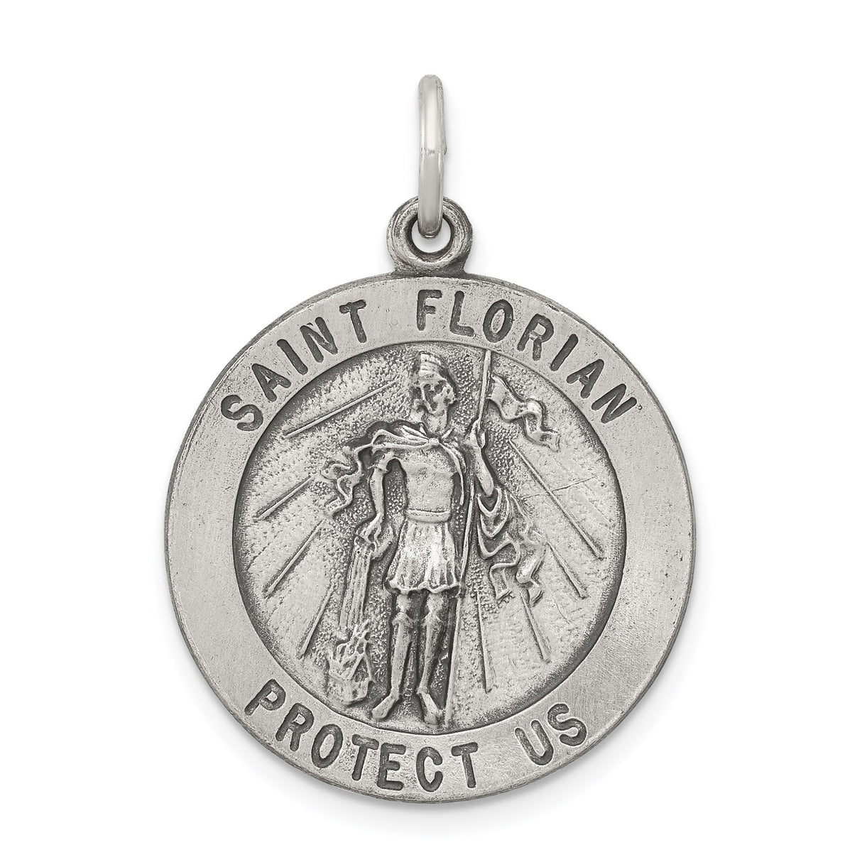 Sterling Silver Saint Florian Medal Pendant with Raised Depiction and Protect Us Text