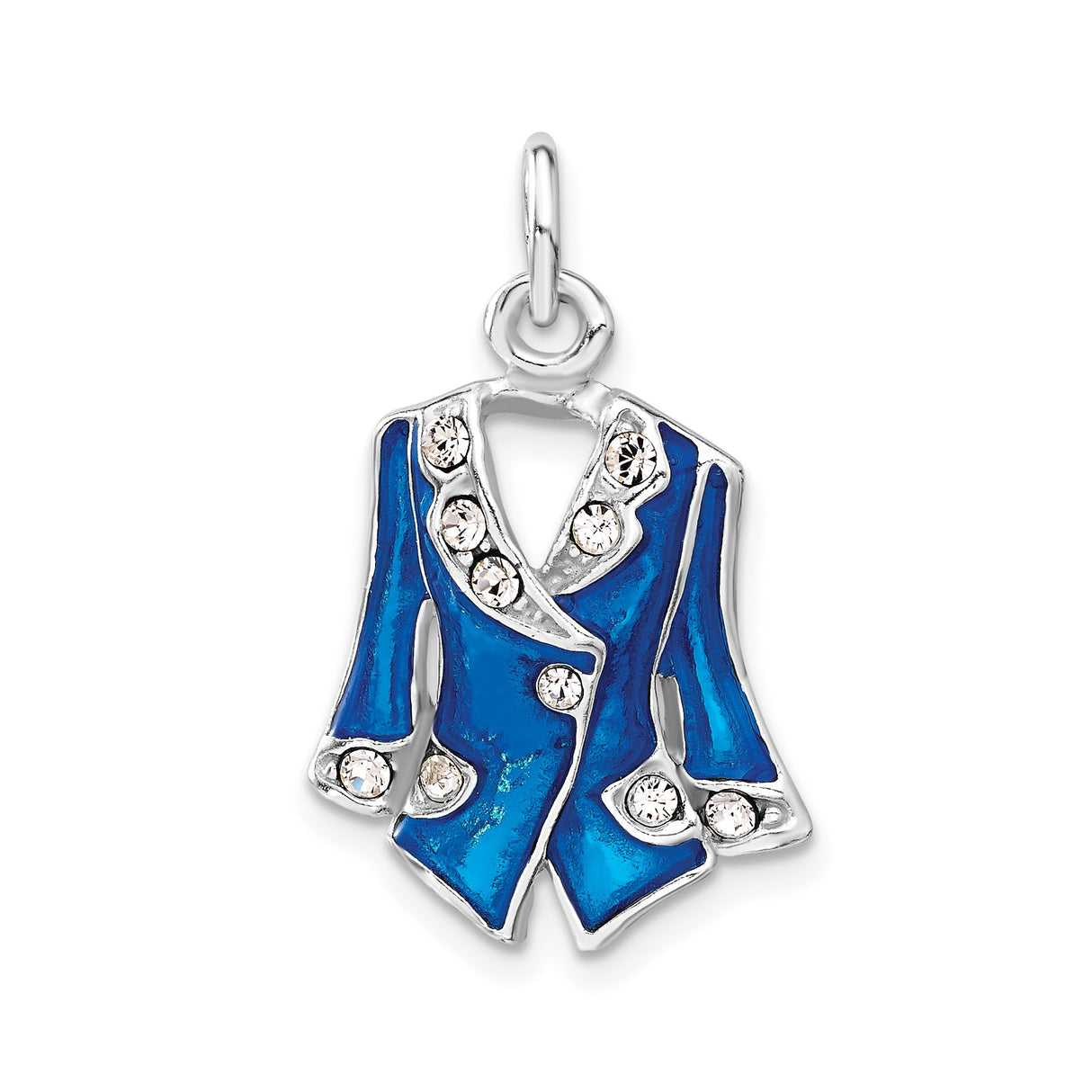 Sterling Silver Jacket Charm Pendant with Blue Enamel and Crystal Accents