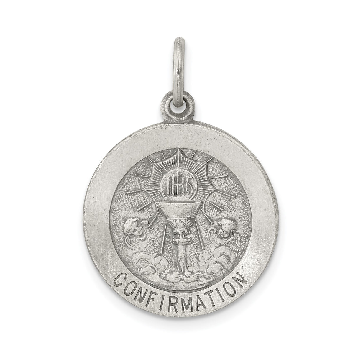 Sterling Silver Confirmation Pendant with IHS Christogram and Cherub Accents