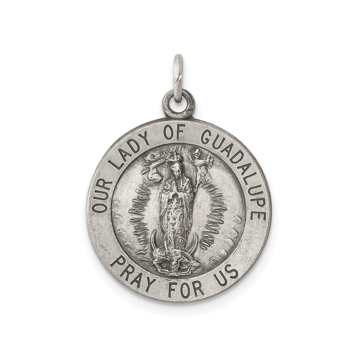 Sterling Silver Our Lady of Guadalupe Pendant, Virgin Mary Medal with Pray for Us Text