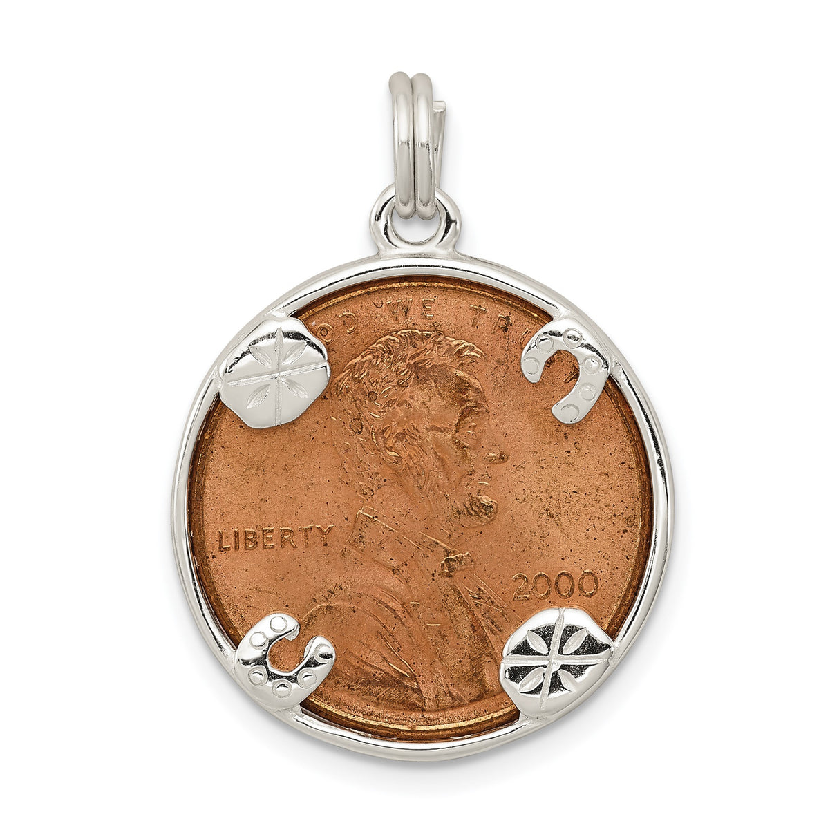 Sterling Silver Penny Pendant with 2000 Lincoln Cent, Round Frame with Starburst and Horseshoe Accents