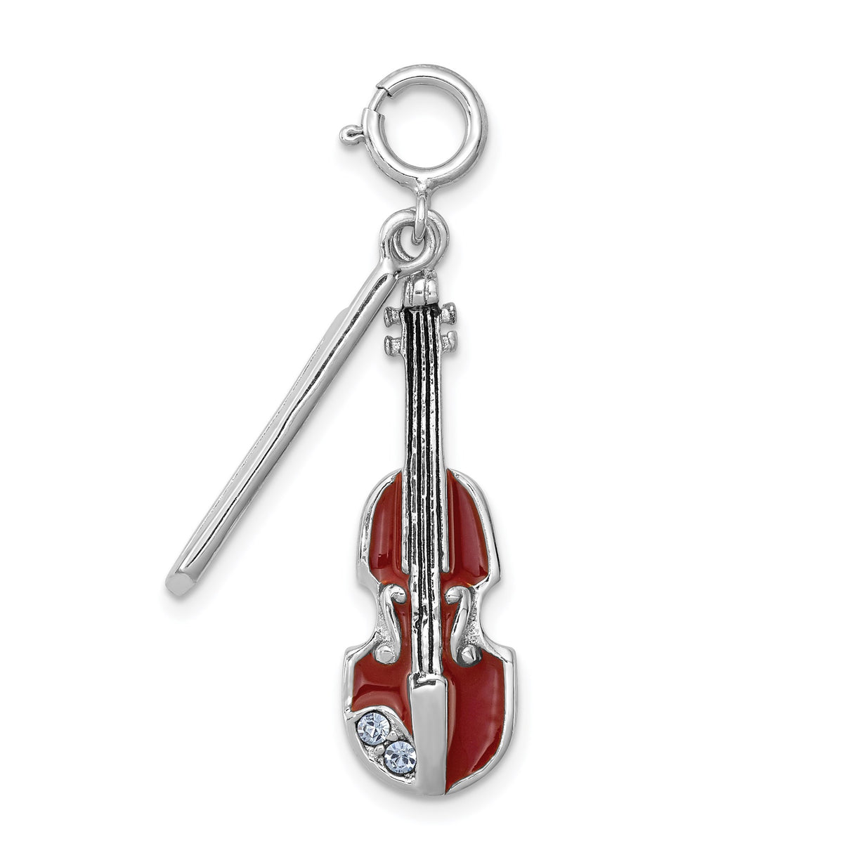 Sterling Silver Violin Charm Pendant with Red Enamel and Crystal Accents