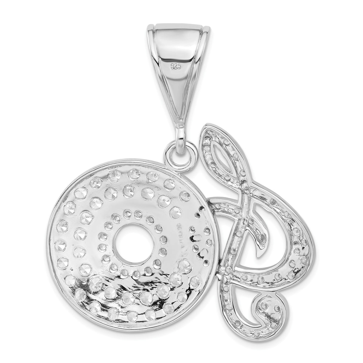 Sterling Silver Music Note Pendant with Cubic Zirconia Treble Clef and Disc Design