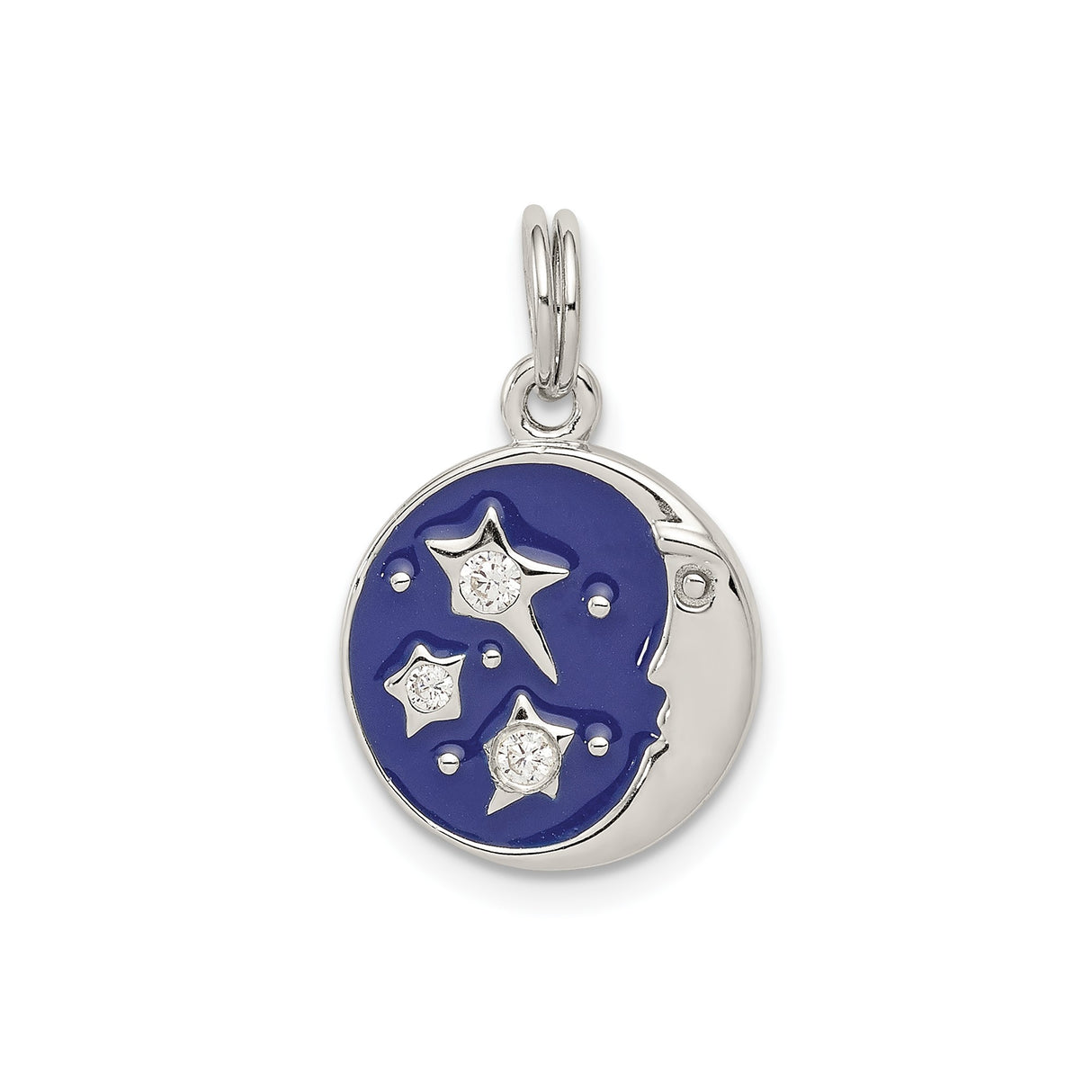 Sterling Silver Moon and Stars Pendant with Blue Enamel and Cubic Zirconia Accents