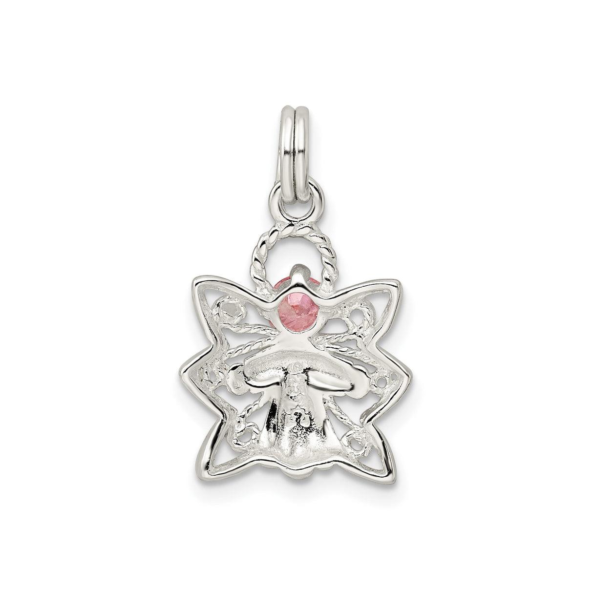 Sterling Silver Angel Pendant with Pink Cubic Zirconia and Openwork Halo Design
