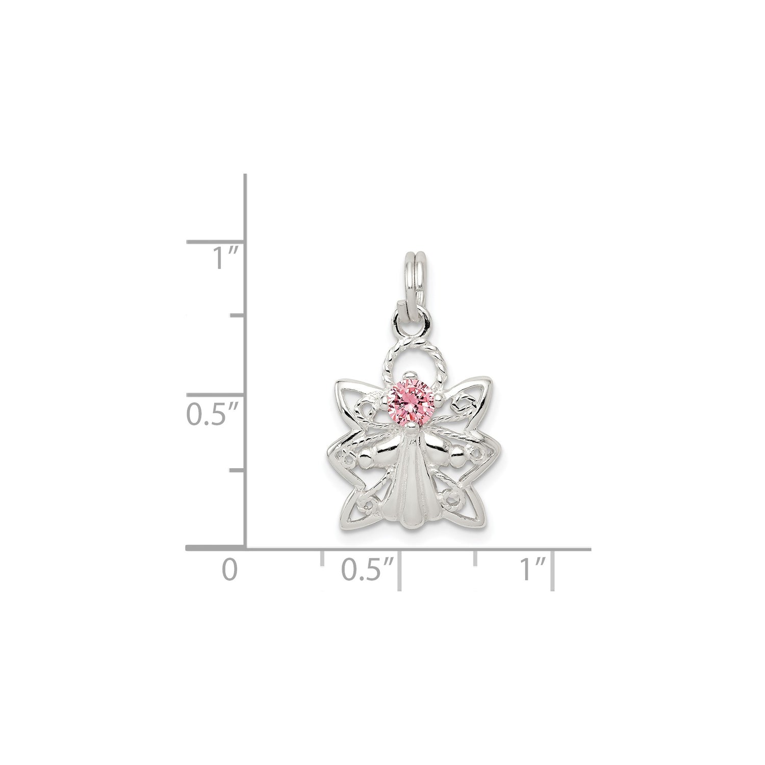 Sterling Silver Angel Pendant with Pink Cubic Zirconia and Openwork Halo Design