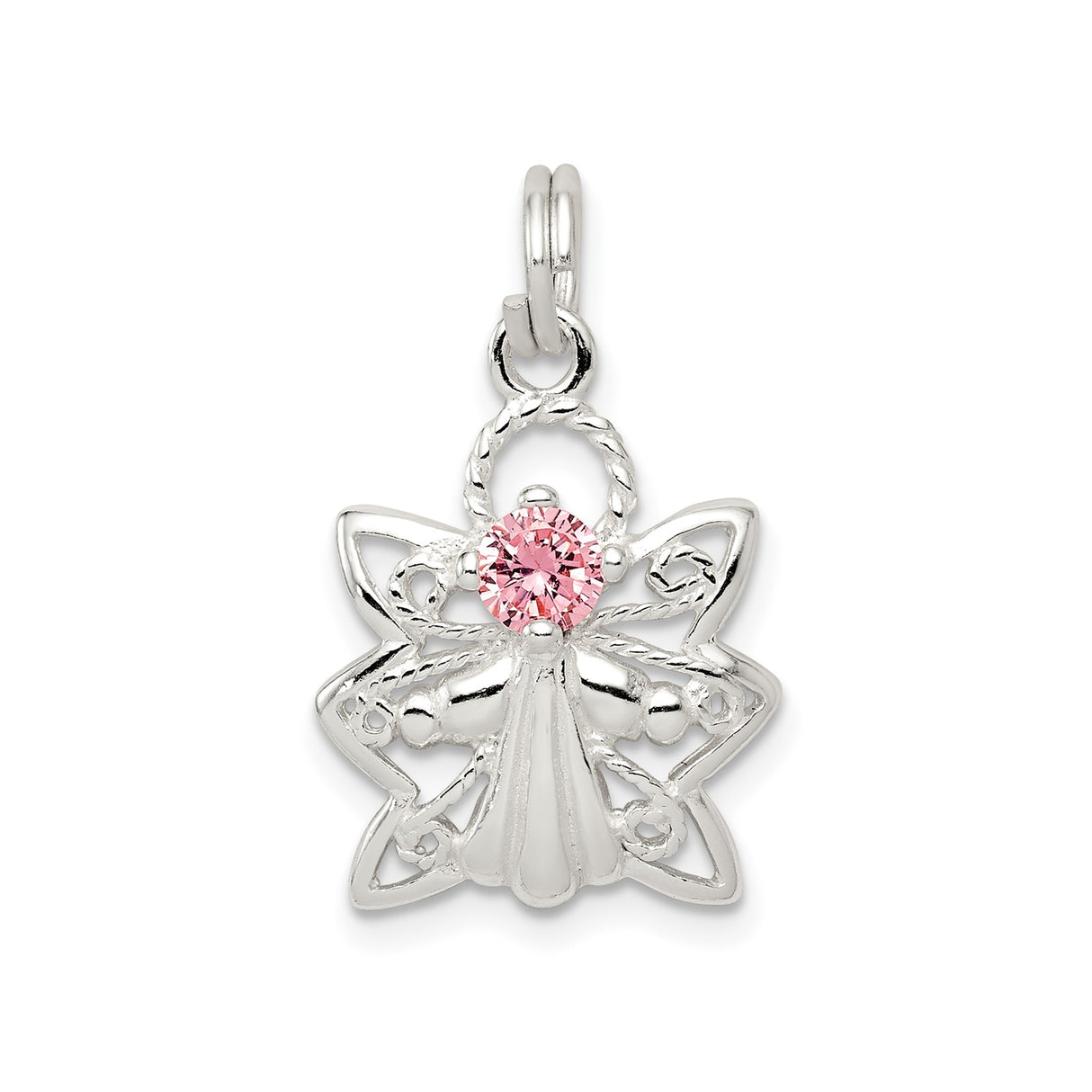 Sterling Silver Angel Pendant with Pink Cubic Zirconia and Openwork Halo Design