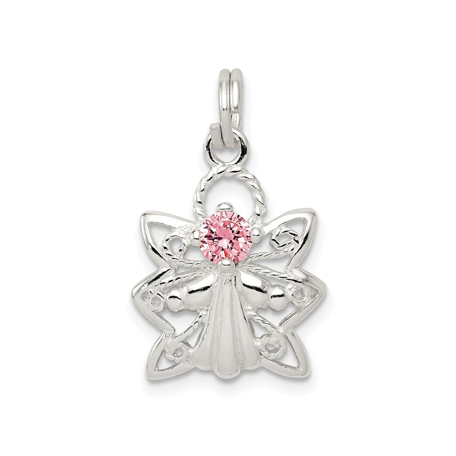 Sterling Silver Angel Pendant with Pink Cubic Zirconia and Openwork Halo Design