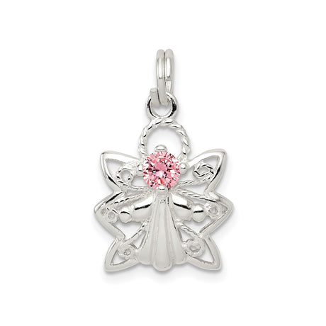 Sterling Silver Angel Pendant with Pink Cubic Zirconia and Openwork Halo Design