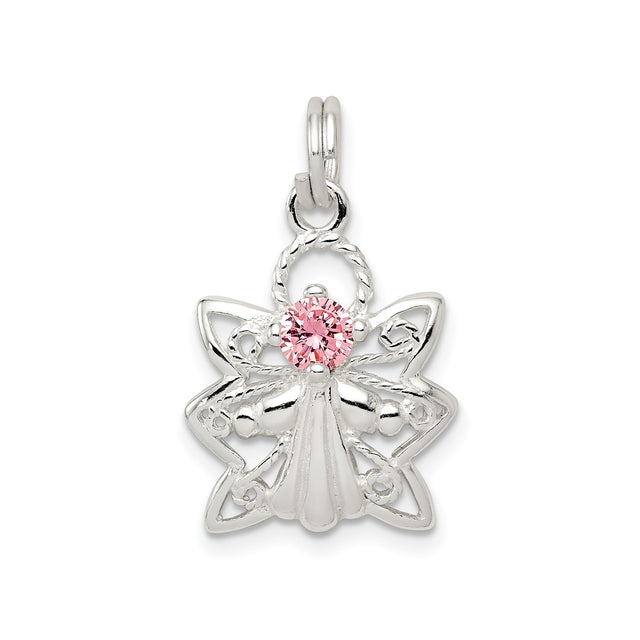 Sterling Silver Angel Pendant with Pink Cubic Zirconia and Openwork Halo Design