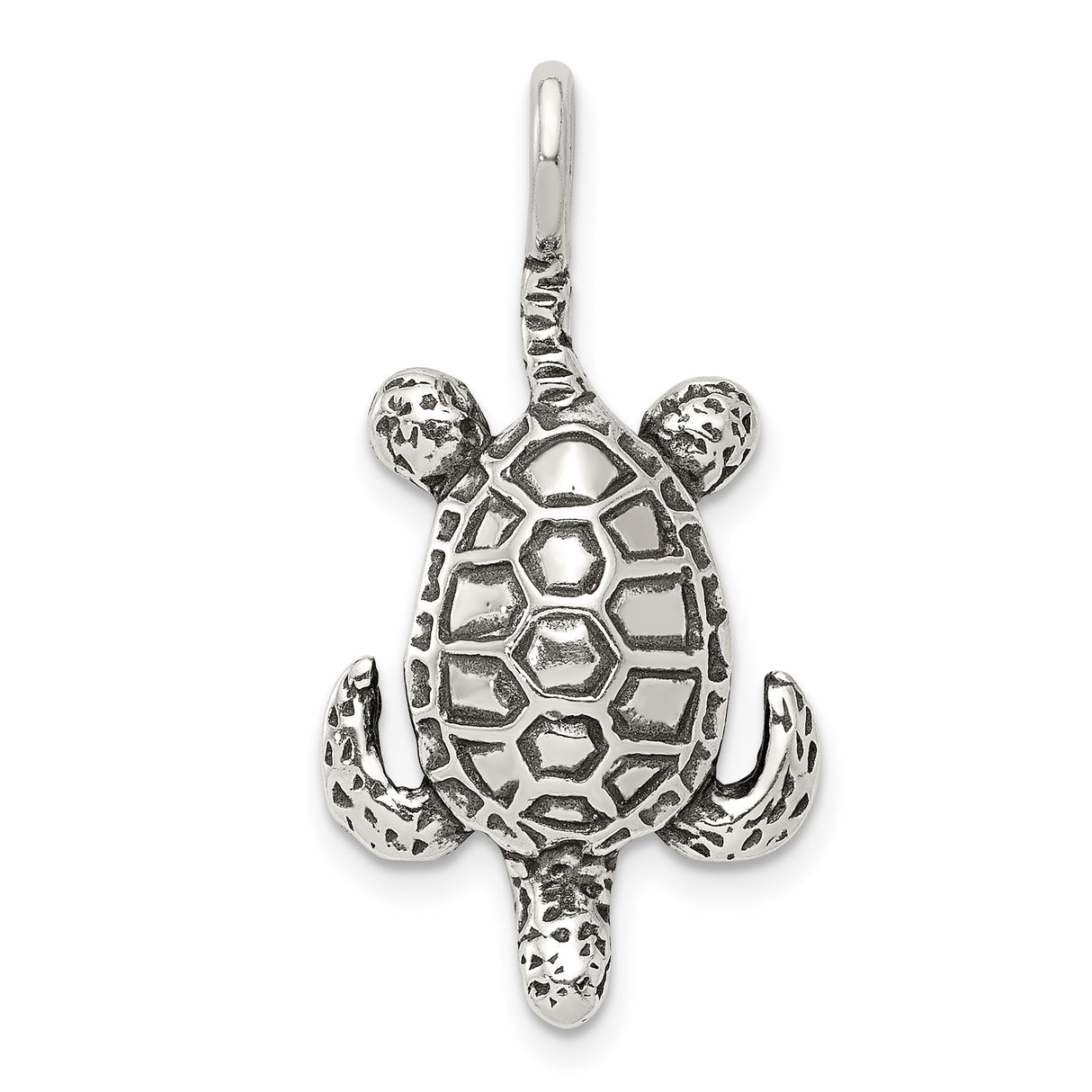 Sterling Silver Turtle Pendant with Textured Flippers and Shell Detail, Ocean Animal Jewelry