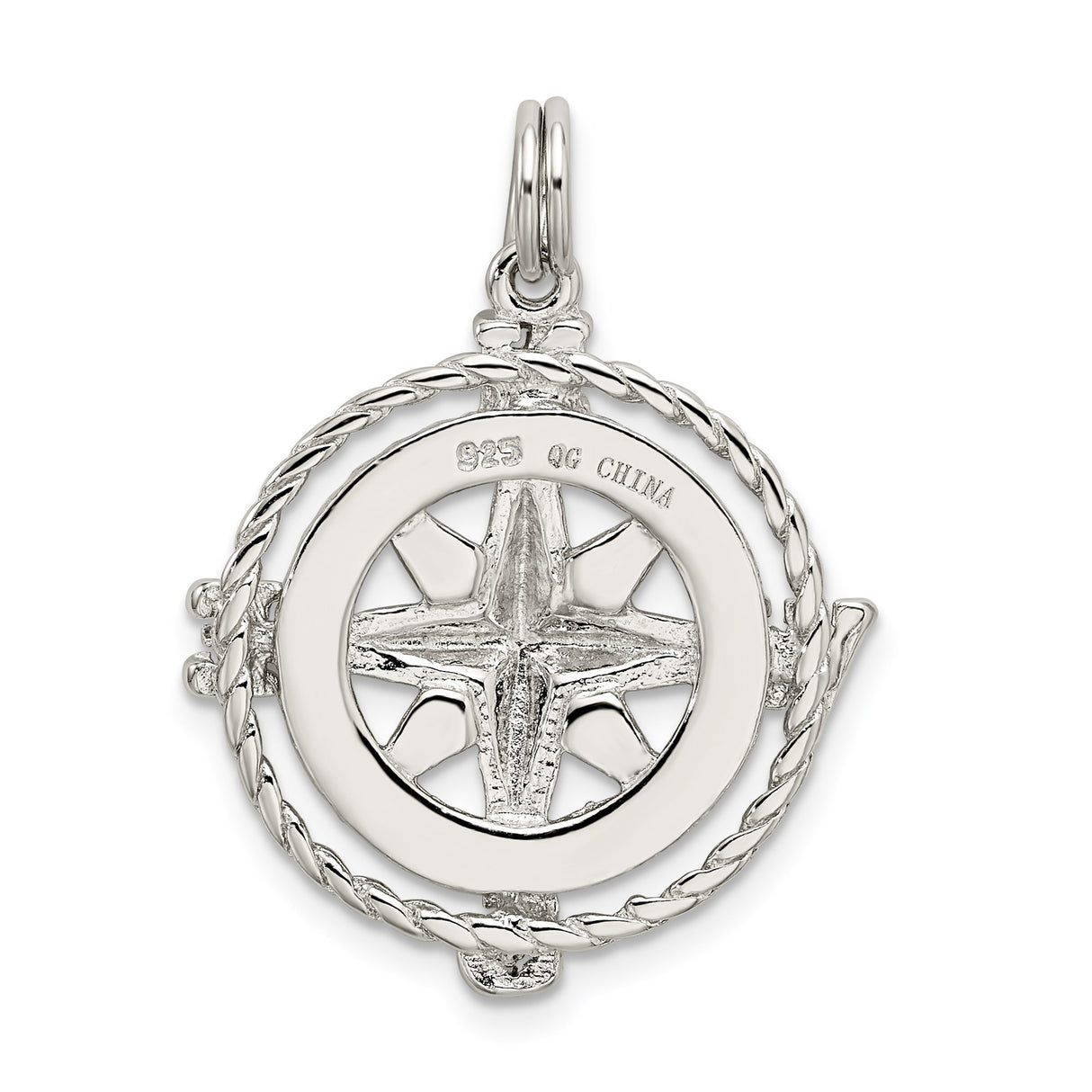 Sterling Silver Compass Pendant with Twisted Rope Border, Nautical Directional Design