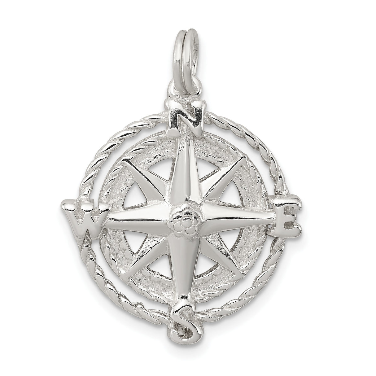 Sterling Silver Compass Pendant with Twisted Rope Border, Nautical Directional Design