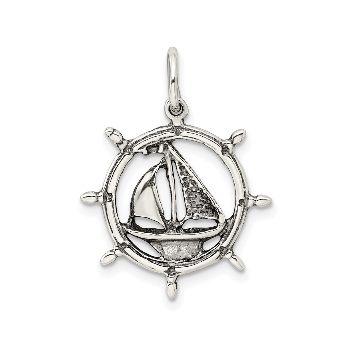 Sterling Silver Sailboat Pendant with Nautical Ship Wheel, Coastal Sailing Jewelry for Men and Women