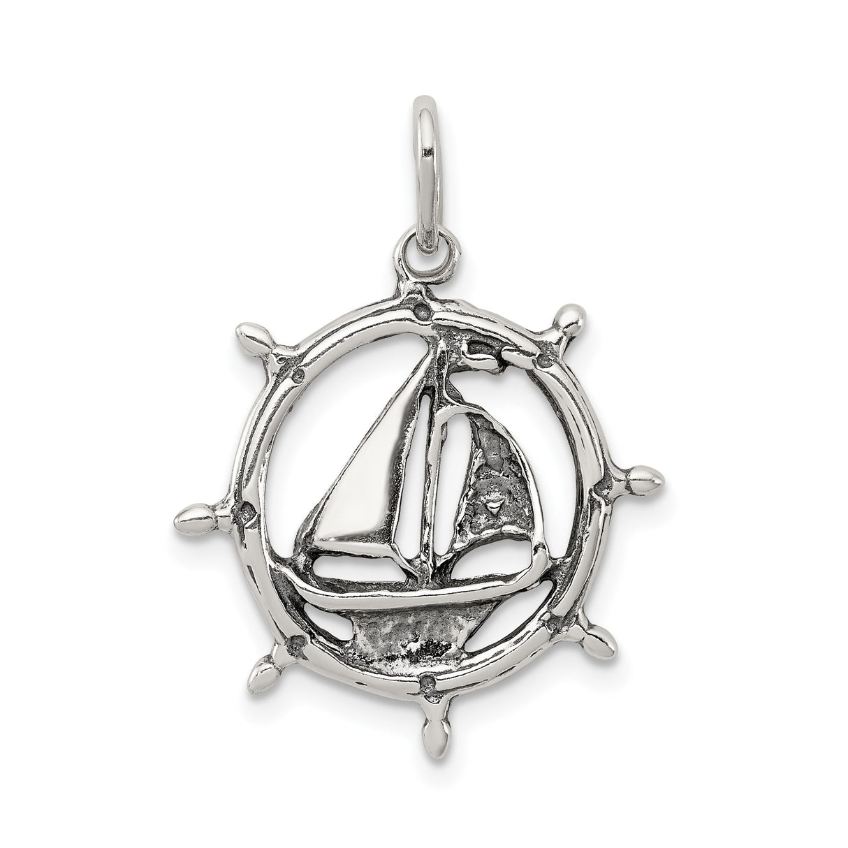 Sterling Silver Sailboat Pendant with Nautical Ship Wheel, Coastal Sailing Jewelry for Men and Women