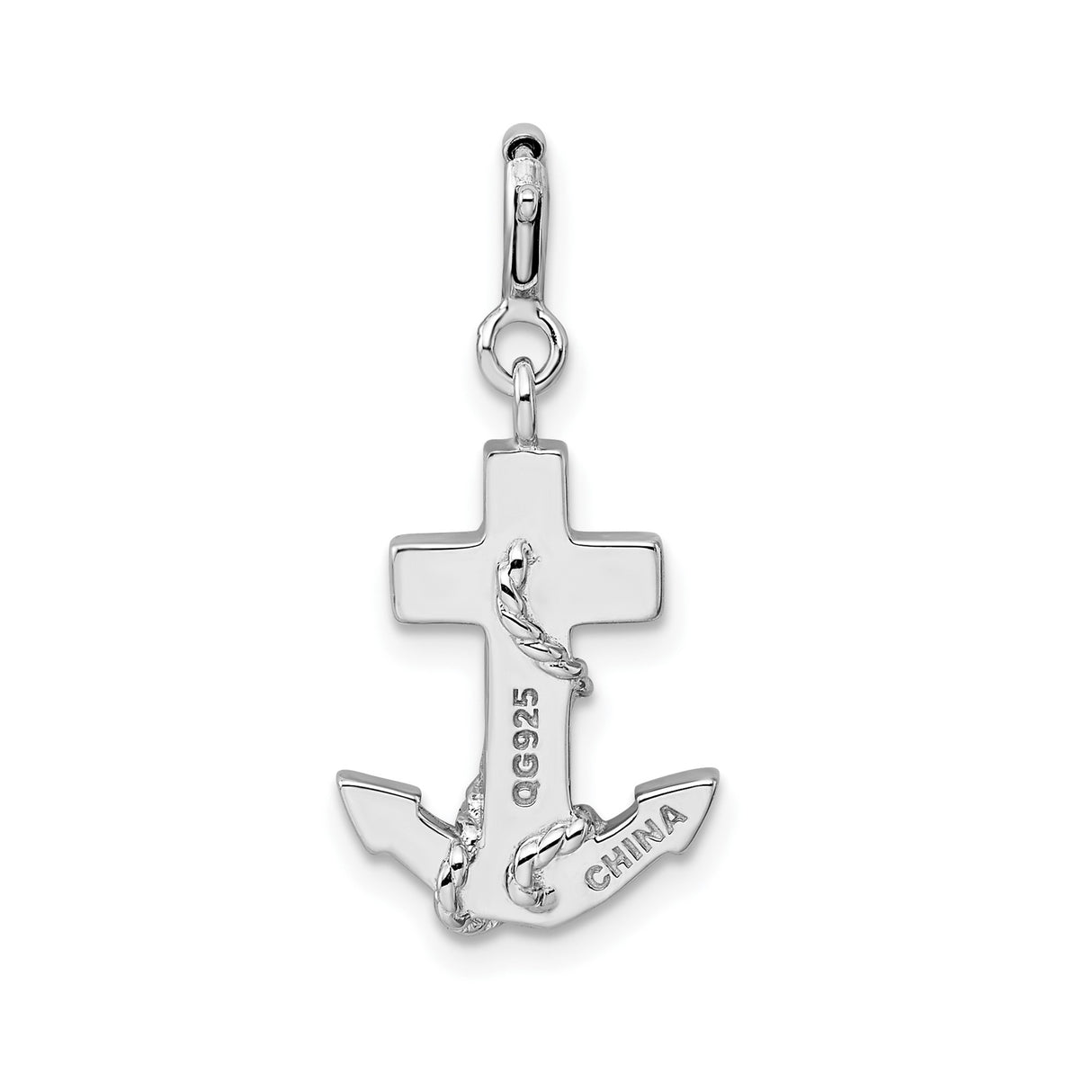 Sterling Silver Anchor Pendant with Blue Enamel and Clear Crystal Accents, Nautical Rope Detail