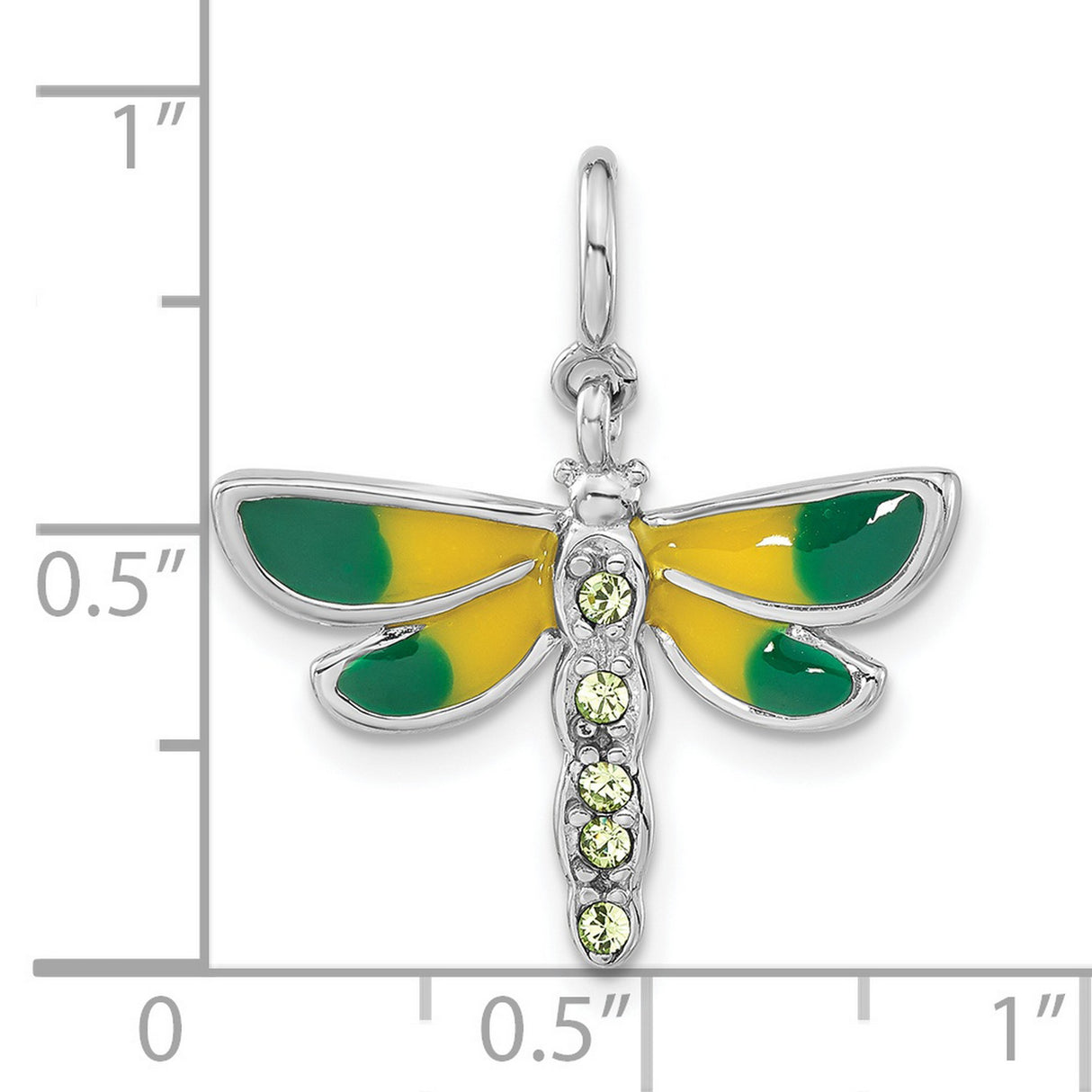 Sterling Silver Dragonfly Pendant with Cubic Zirconia, Green and Yellow Enamel Wings, Nature Theme