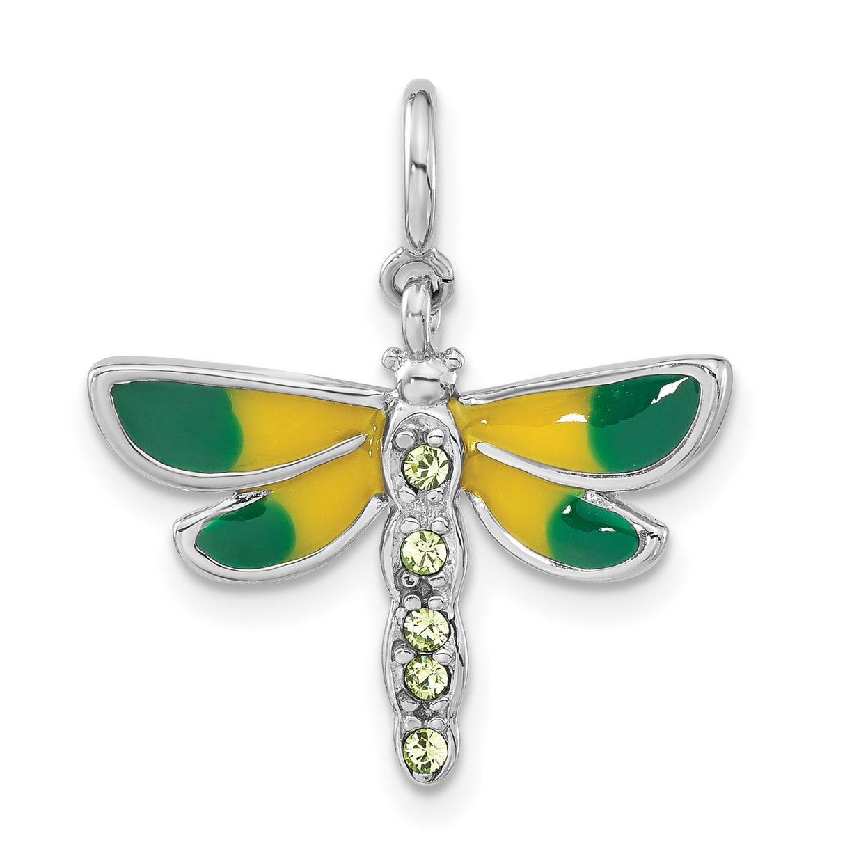 Sterling Silver Dragonfly Pendant with Cubic Zirconia, Green and Yellow Enamel Wings, Nature Theme