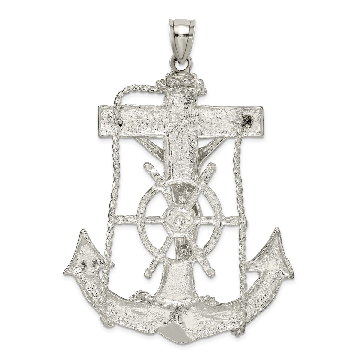Sterling Silver Nautical Cross Pendant with Anchor, Rope, and Ship Wheel Design