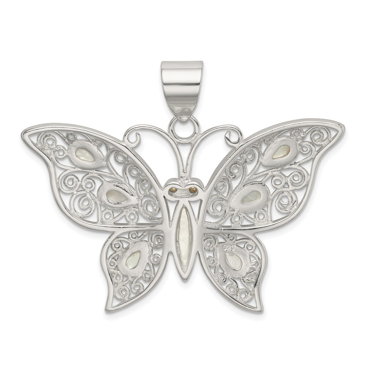 Sterling Silver Butterfly Pendant with Mother of Pearl Inlay, Filigree Design for Women