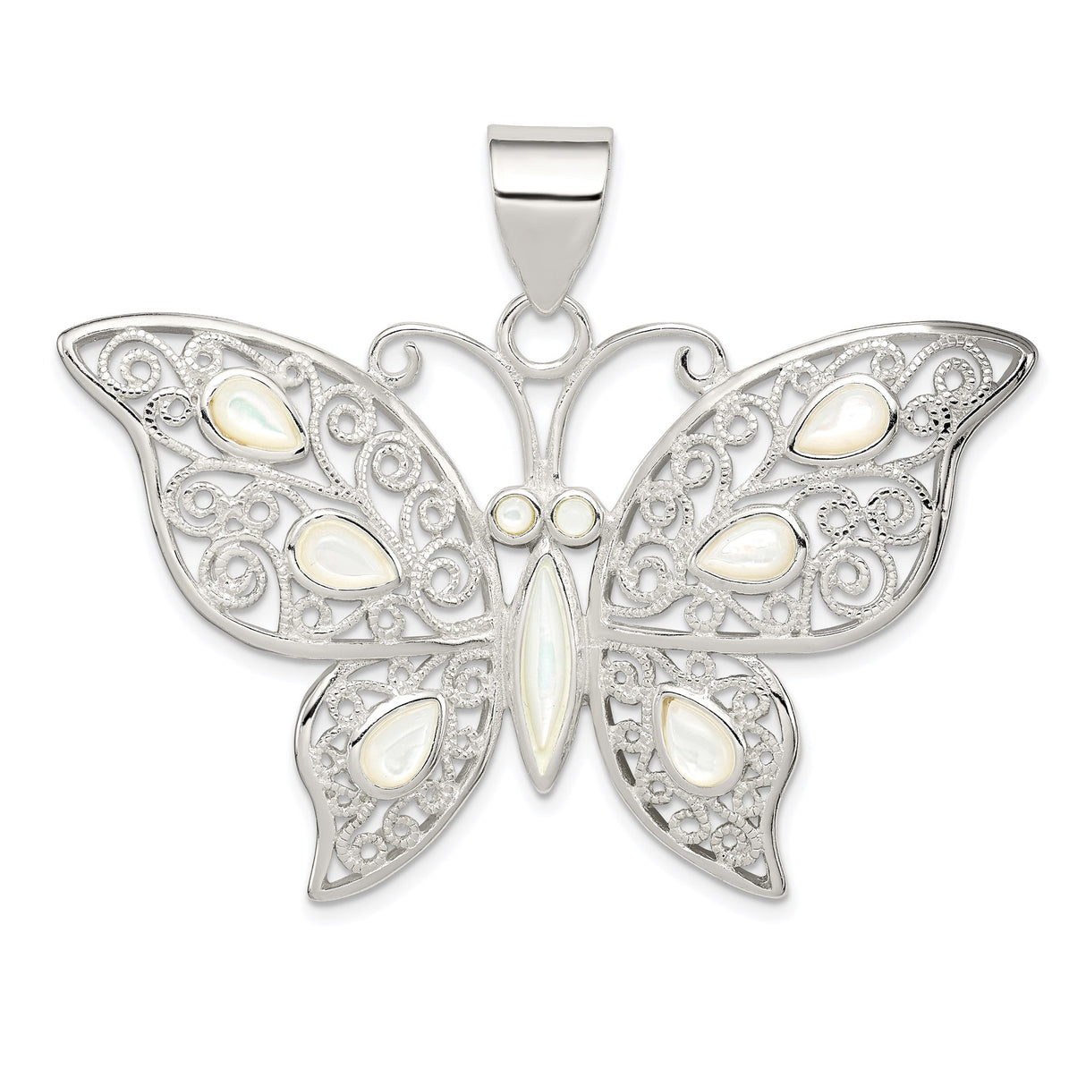 Sterling Silver Butterfly Pendant with Mother of Pearl Inlay, Filigree Design for Women