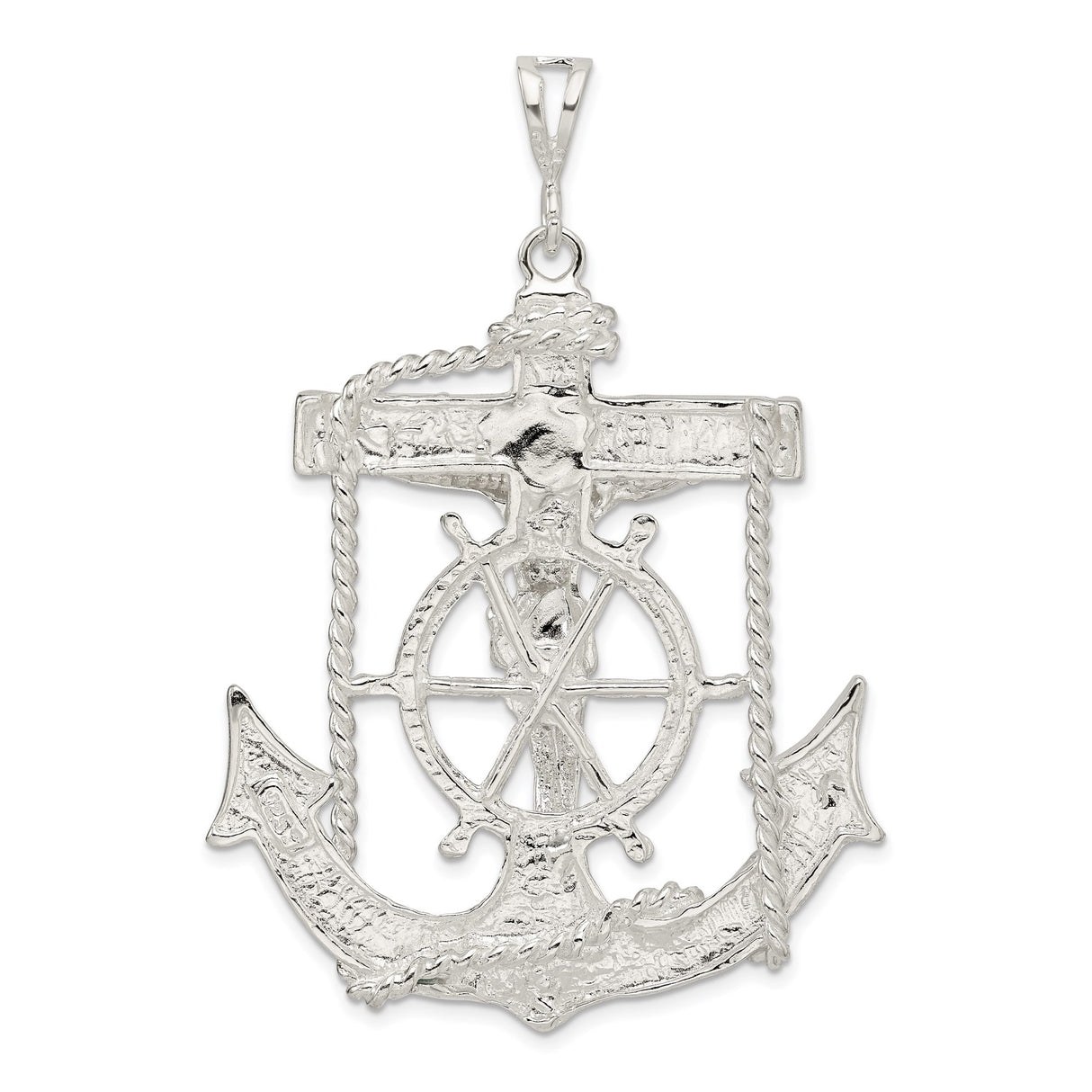 Sterling Silver Nautical Cross Pendant with Anchor, Rope, and Ship Wheel Design