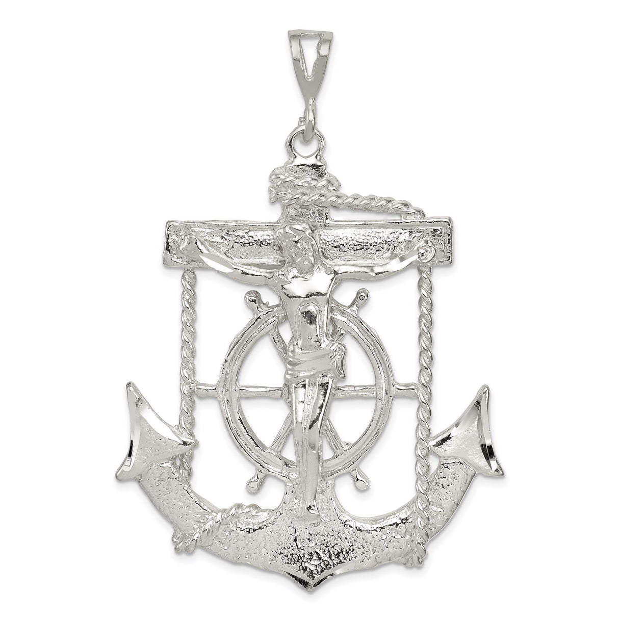 Sterling Silver Nautical Cross Pendant with Anchor, Rope, and Ship Wheel Design