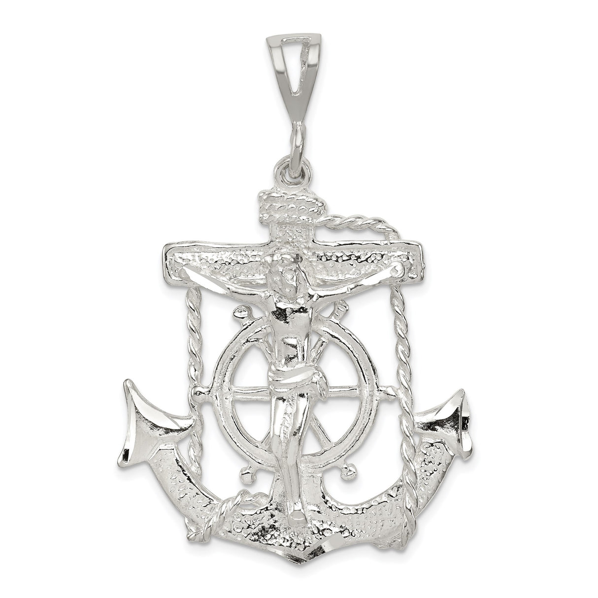 Sterling Silver Anchor Cross Pendant with Rope Detailing, Nautical Religious Design