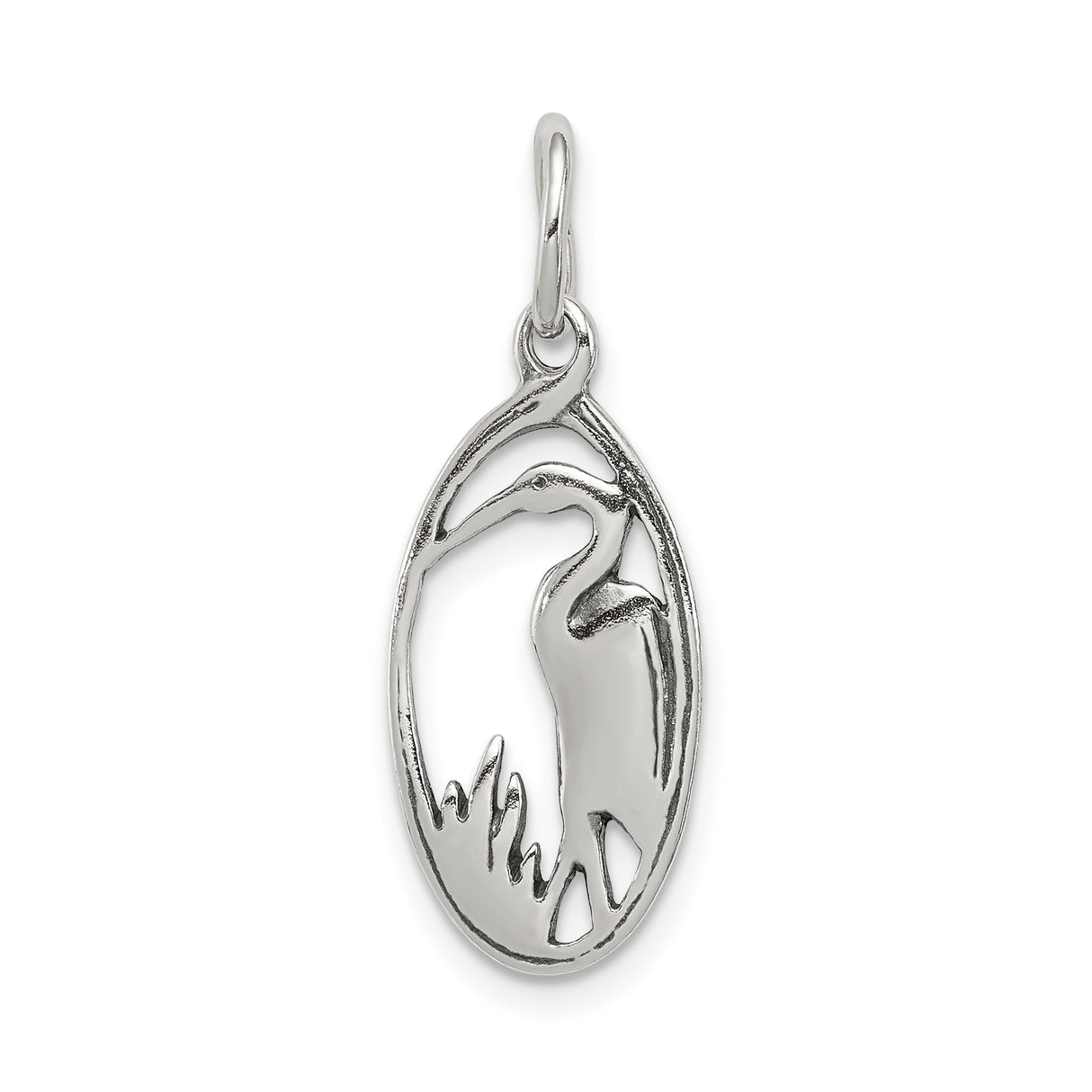 Sterling Silver Heron Pendant with Oval Frame and Reed Detail, Nature Wildlife Jewelry for Women