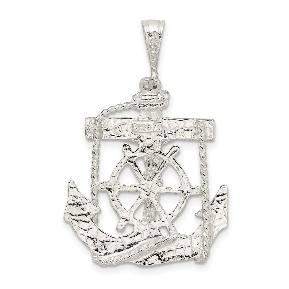 Sterling Silver Anchor Cross Pendant with Rope and Ship Wheel Design