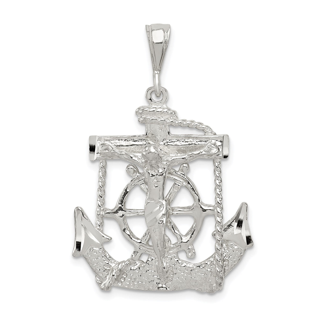 Sterling Silver Anchor Cross Pendant with Rope and Ship Wheel Design